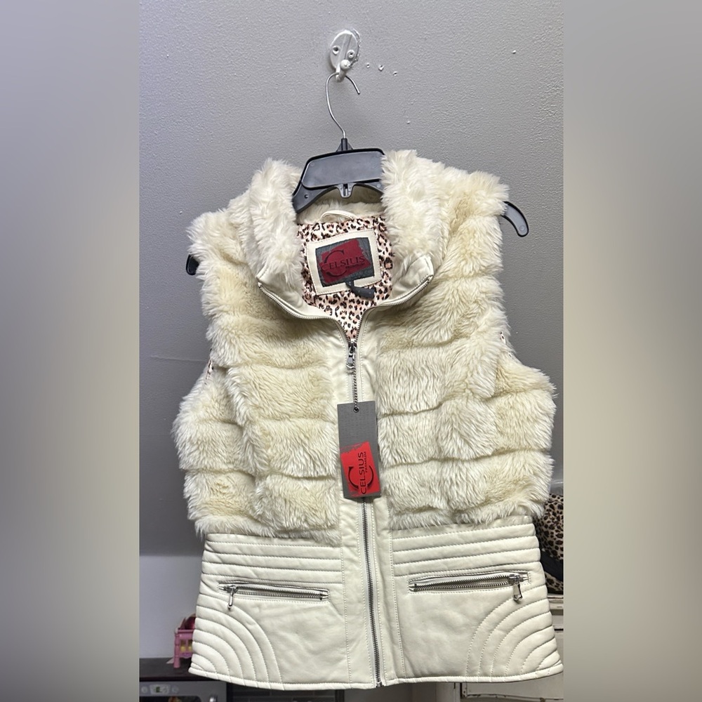 Celsius cream leather faux fur vest